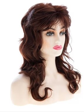 22" Long Wavy Brown Layered Wig with Bangs Heat Resistant